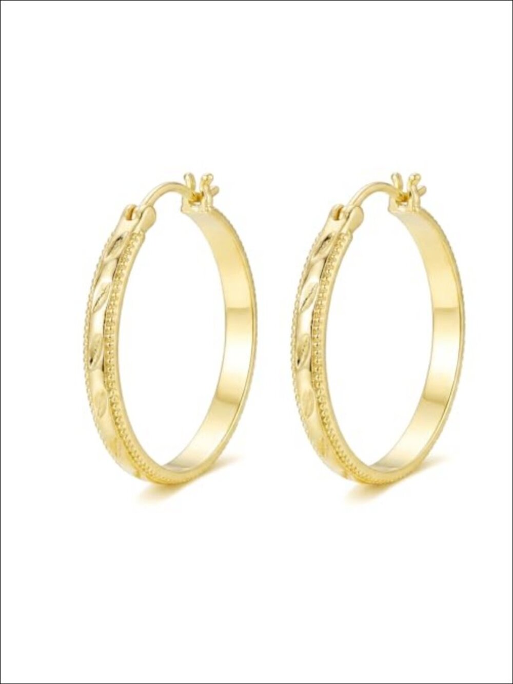 14k Yellow Gold Hoop Earrings Leaf-Engraved Huggie Hoops Beaded Edge